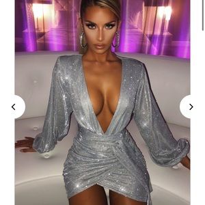 Baby boo Sparkling Silver Plunge Wrap Mini Dress